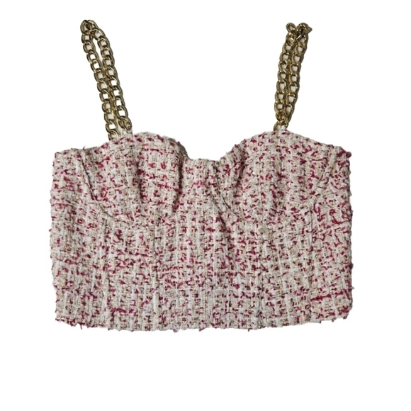 Alice + Olivia Cristi Chain Trimmed Cropped Tweed Bustier Top SZ 10 - Picture 2 of 5
